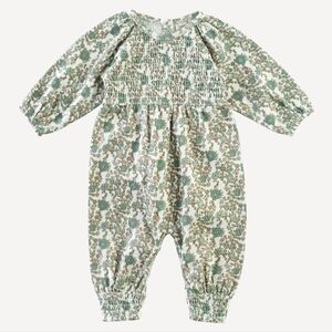 NWT 18-24M Kate Quinn Long Sleeve Puff Smocked Jumpsuit Jadeite Ditsy Floral